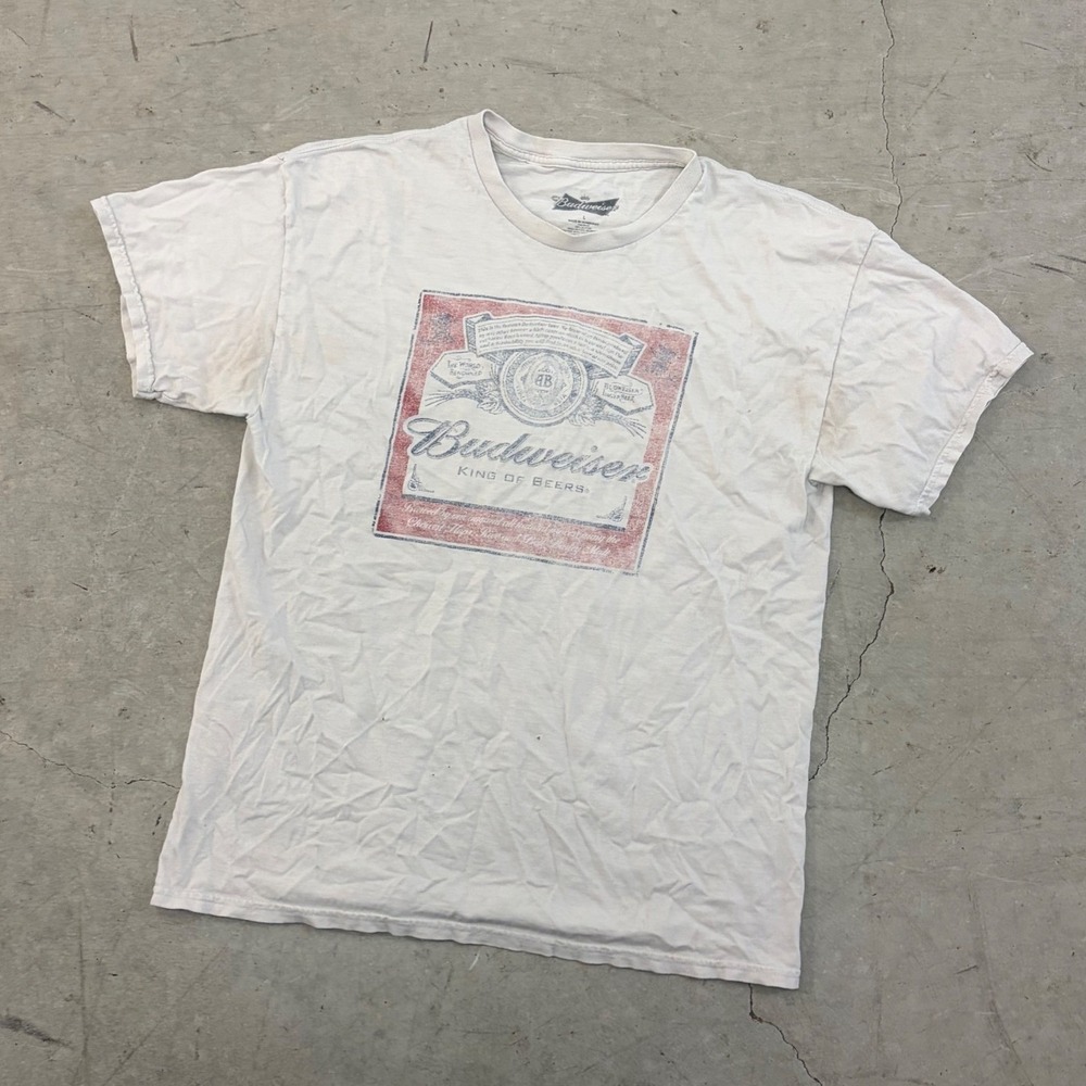 Budweiser King of Beers Graphic T-Shirt Mens Large White Distressed Beer Promo